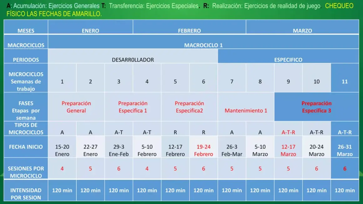 Planificación de macrociclos de entrenamiento: enero a marzo, con fases de preparación general, específica y mantenimiento.