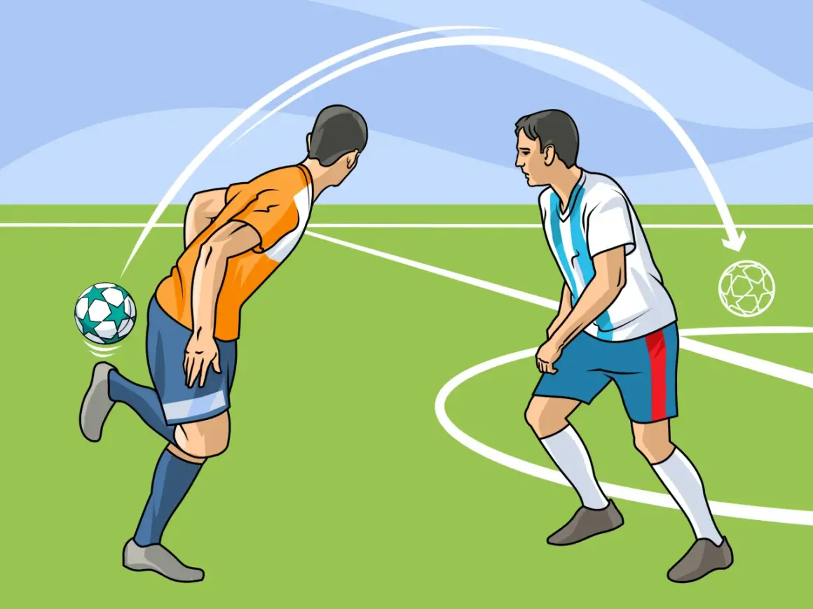 Dos jugadores de fútbol en un campo verde. Uno patea el balón, el otro se prepara para recibirlo. Una guía visual muestra cómo aprender a jugar al fútbol.