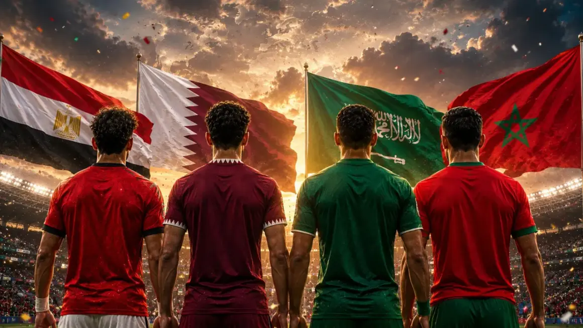 Jugadores de futbol árabe, con las banderas de Egipto, Qatar, Arabia Saudita y Marruecos ondeando al atardecer en un estadio lleno.