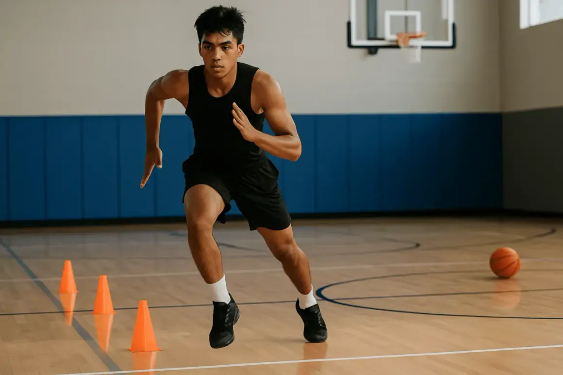 Joven atleta realiza ejercicios de agilidad en cancha de baloncesto, preparándose para la temporada con estiramientos y conos.
