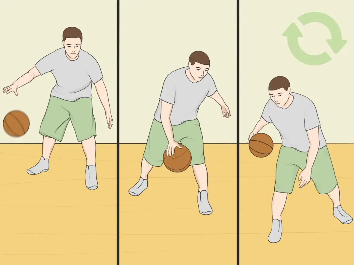 Un jugador practica el rebote baloncesto, mostrando diferentes etapas del dribbling.