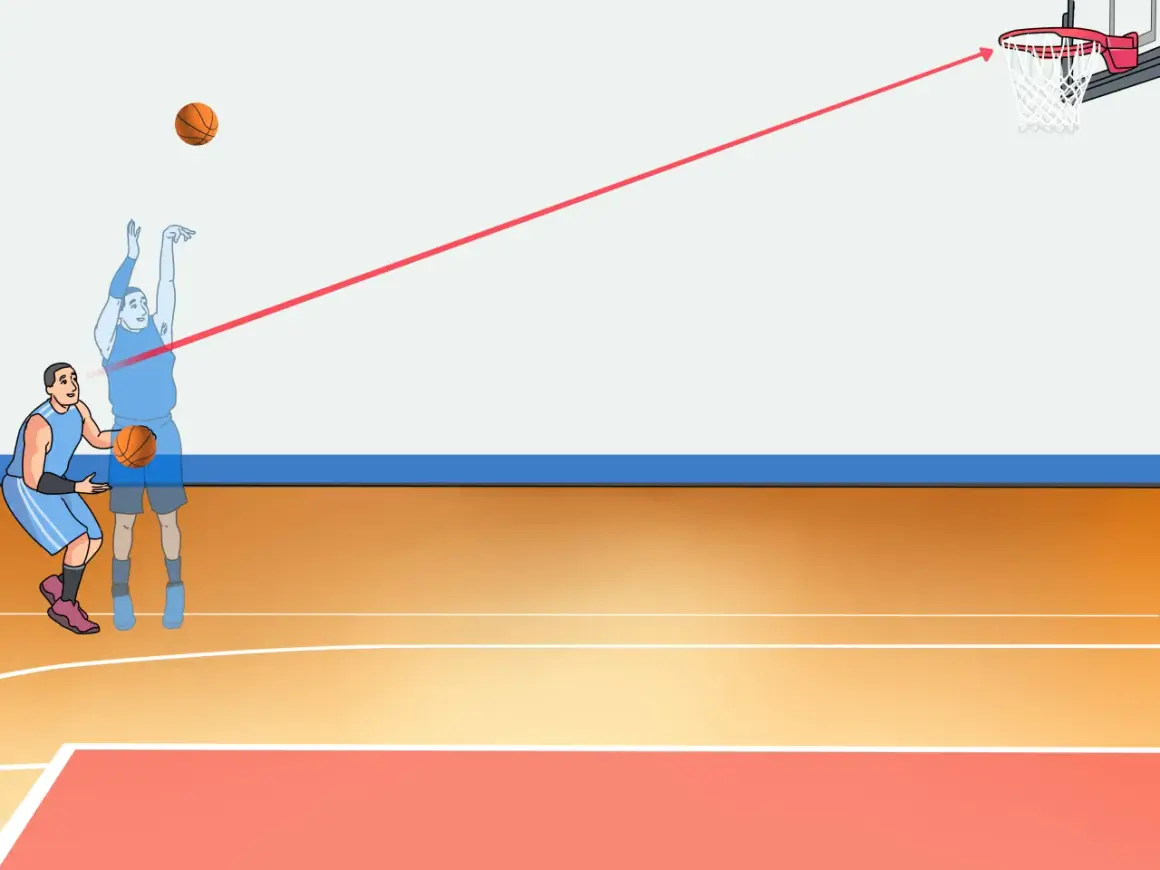 Jugador lanza un triple de baloncesto. La línea roja muestra la trayectoria del balón hacia la canasta.