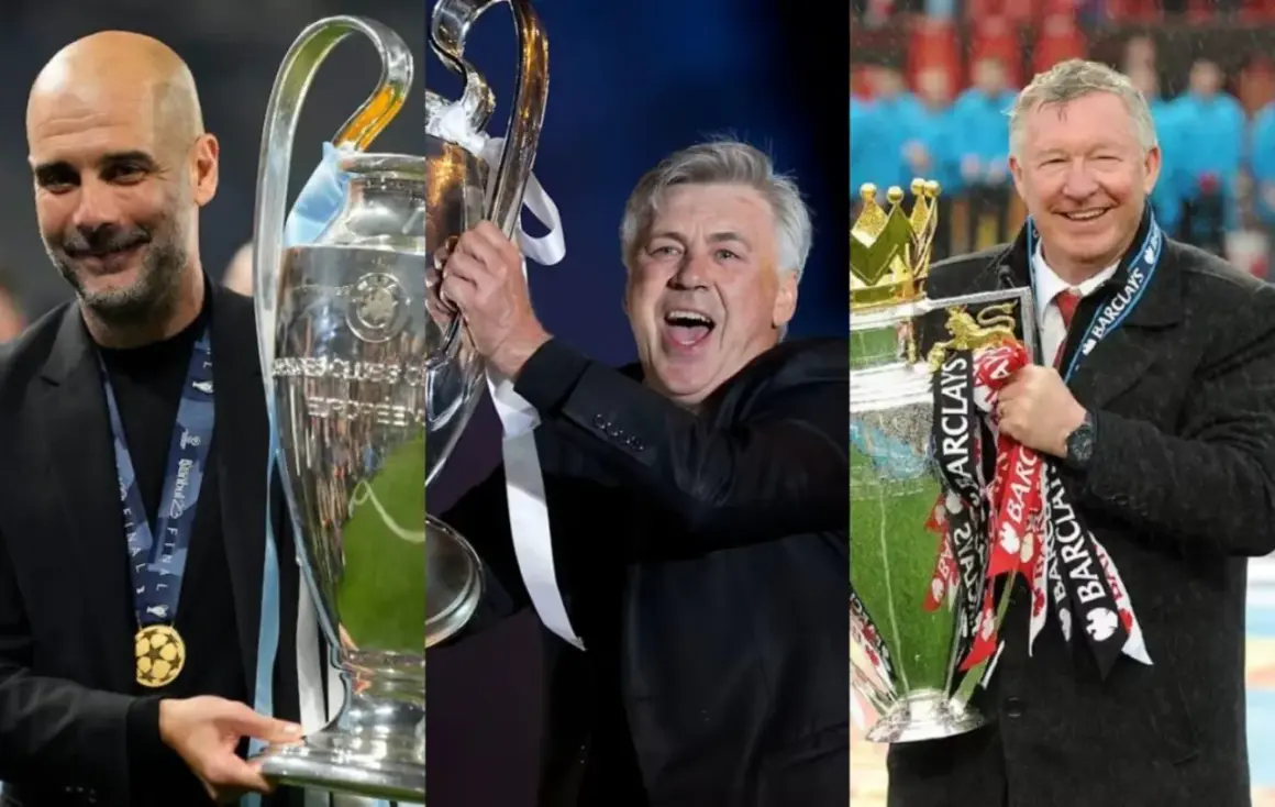 Pep Guardiola, Carlo Ancelotti y Alex Ferguson, tres de los **títulos entrenadores** más laureados del fútbol, celebran sus trofeos.