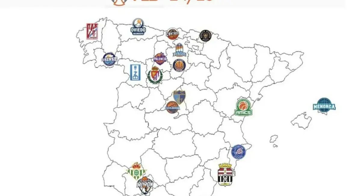 Mapa de España con logos de equipos de la liga LEB Oro, mostrando sus ubicaciones geográficas.