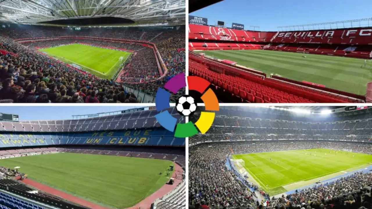 Estadios de fútbol español: San Mamés, Ramón Sánchez-Pizjuán, Camp Nou y Santiago Bernabéu, con el logo de LaLiga.