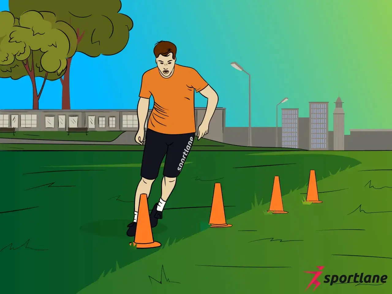 Hombre corriendo entre conos de entrenamiento en un campo de fútbol.
