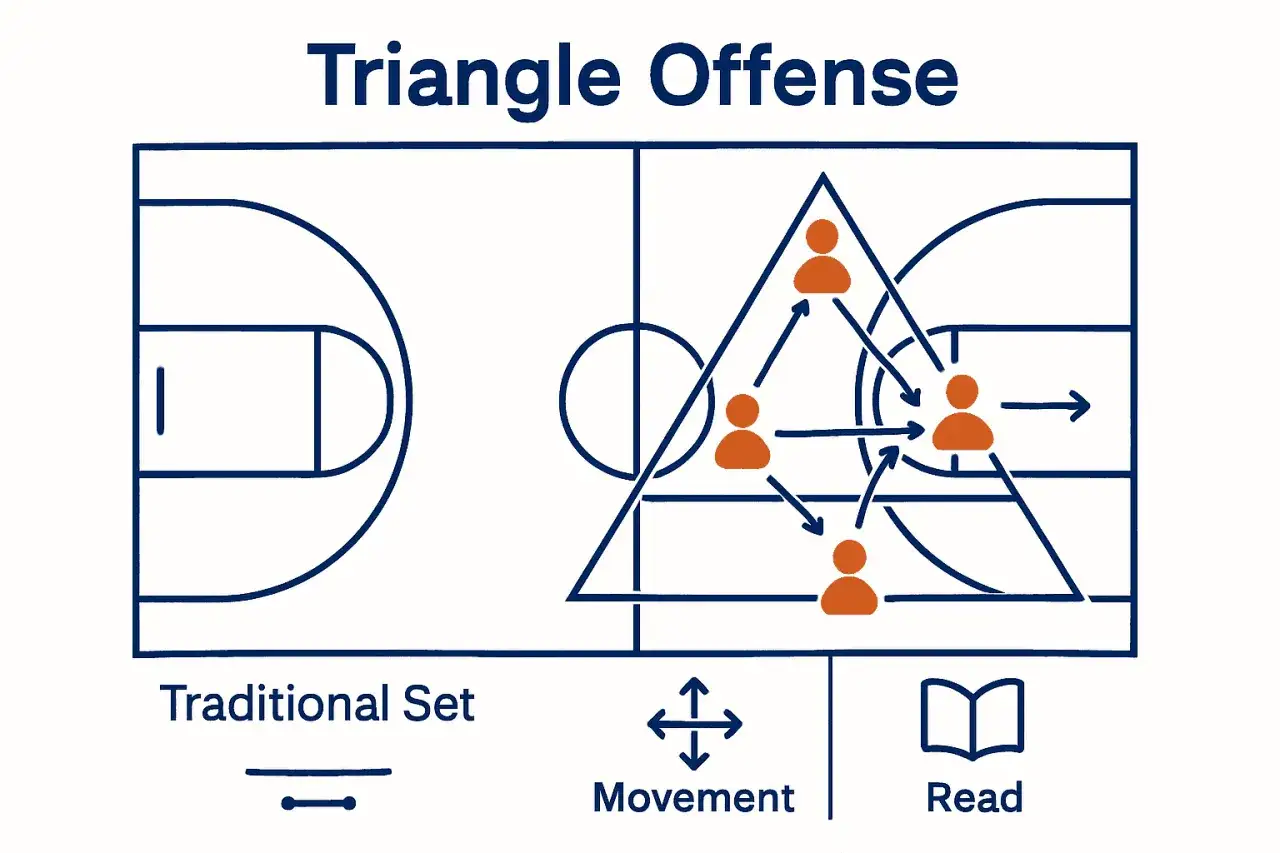 Diagrama de la ofensiva triangular en baloncesto, mostrando el