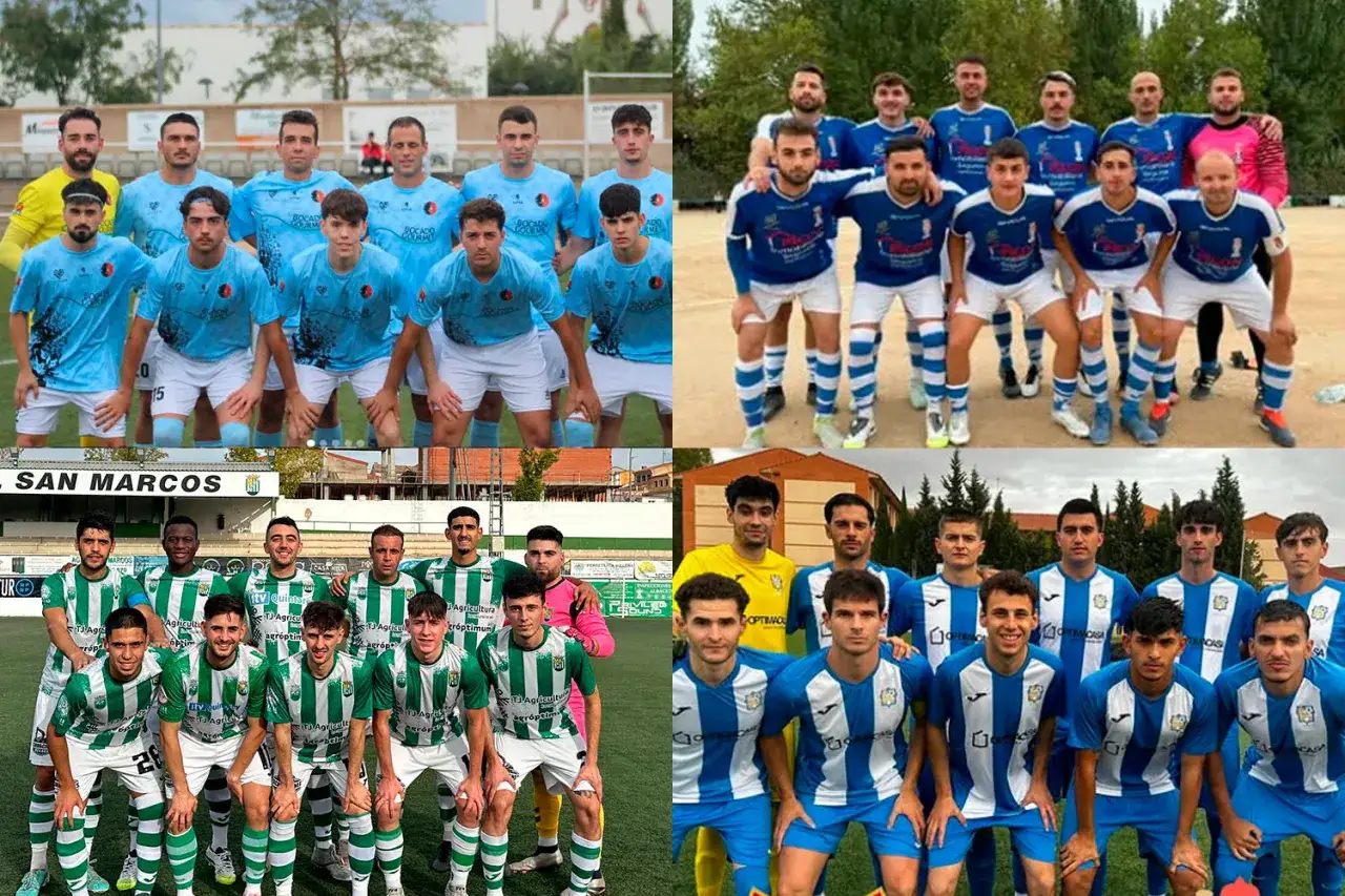 Equipos de fútbol posan para la foto. En la parte superior, jugadores con camisetas celestes y blancas. Abajo, dos equipos: uno con camisetas verdes y blancas, y otro con camisetas azules y blancas. ¡El atletico jareño listo para la acción!