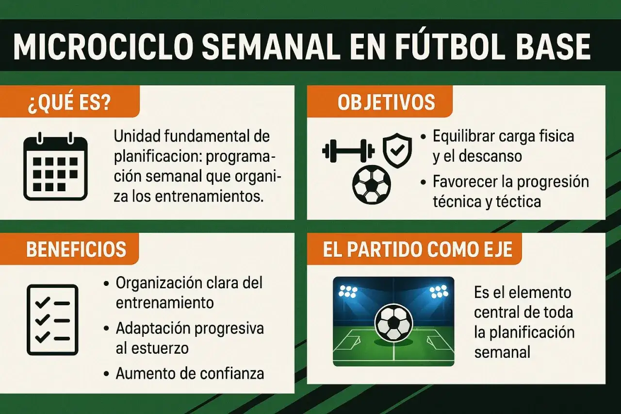 Un microciclo de impacto en fútbol base: planificación semanal, objetivos de carga y progresión, beneficios y el partido como eje central.