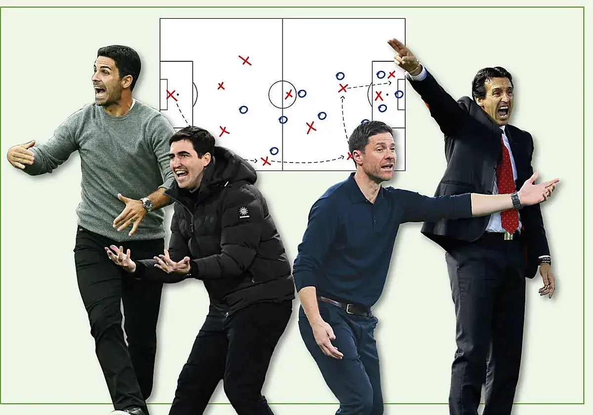 Entrenadores vascos en la Premier League, analizando jugadas en un esquema táctico.