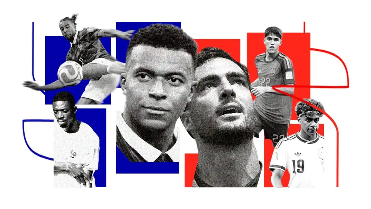 Jugadores de f&uacute;tbol de Espa&ntilde;a y Francia en un collage din&aacute;mico. Mbapp&eacute; y Griezmann lideran el ataque franc&eacute;s contra la defensa espa&ntilde;ola.