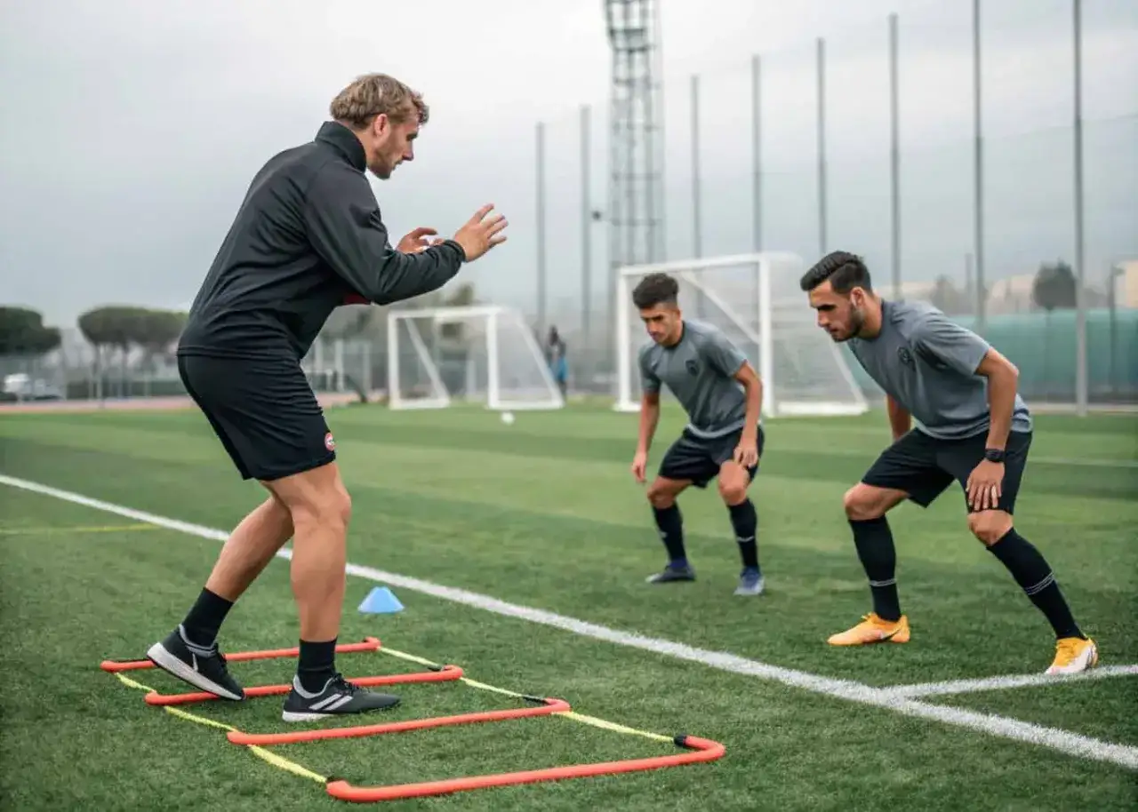 Entrenador de fútbol dirige a dos jugadores en un ejercicio de agilidad con una escalera de agilidad en el campo.