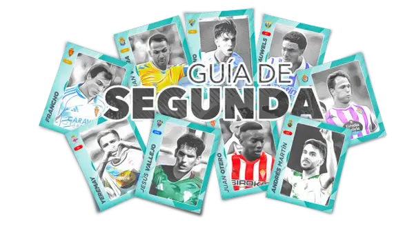 Jugadores de **Spanish football teams** en cartas coleccionables, con el título "Guía de Segunda".