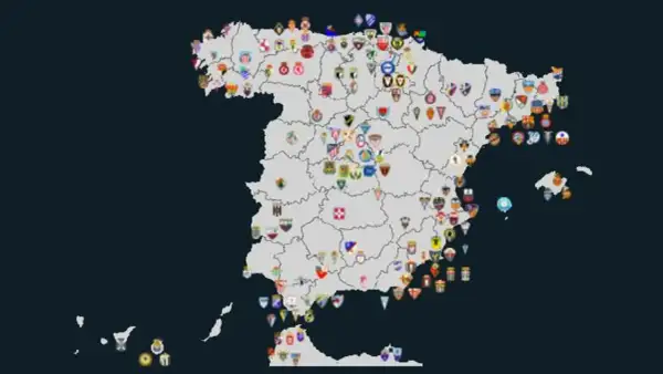 Mapa de España con escudos de equipos de fútbol. ¿Cuántos equipos suben a primera?