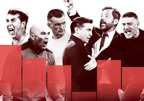 Varios entrenadores del Sevilla FC, con expresiones intensas y gestos apasionados, capturan la emoción del fútbol.