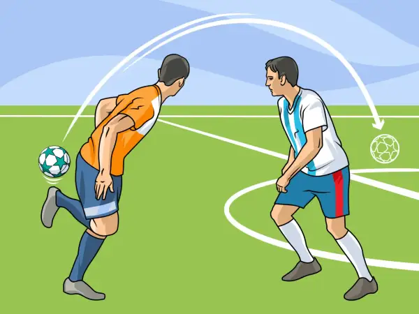 Dos jugadores de fútbol en un campo verde. Uno patea el balón, el otro se prepara para recibirlo. Una guía visual muestra cómo aprender a jugar al fútbol.