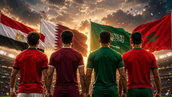 Jugadores de futbol árabe, con las banderas de Egipto, Qatar, Arabia Saudita y Marruecos ondeando al atardecer en un estadio lleno.