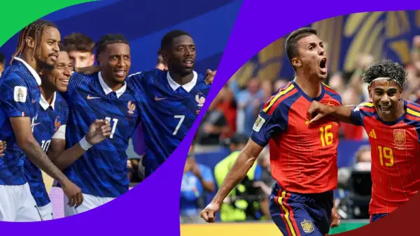 Jugadores de Francia celebran mientras jugadores de España festejan un gol. ¡Un partido épico entre Francia vs Polonia!