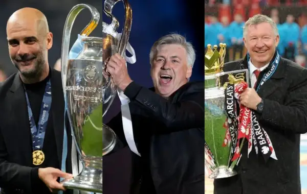 Pep Guardiola, Carlo Ancelotti y Alex Ferguson, tres de los **títulos entrenadores** más laureados del fútbol, celebran sus trofeos.