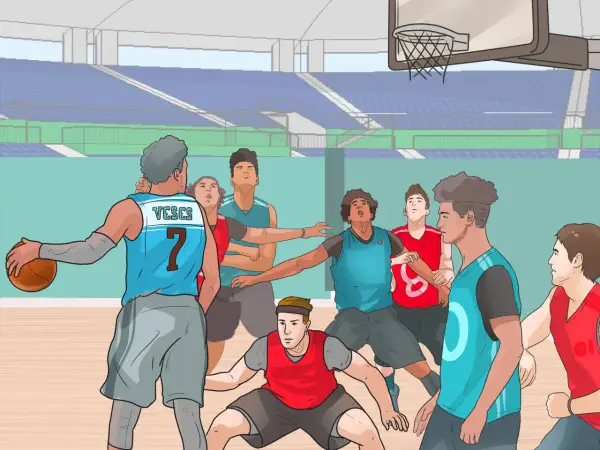 Jugadores en un partido de baloncesto, con uno sosteniendo el balón y otros defendiendo.