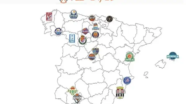 Mapa de España con logos de equipos de la liga LEB Oro, mostrando sus ubicaciones geográficas.